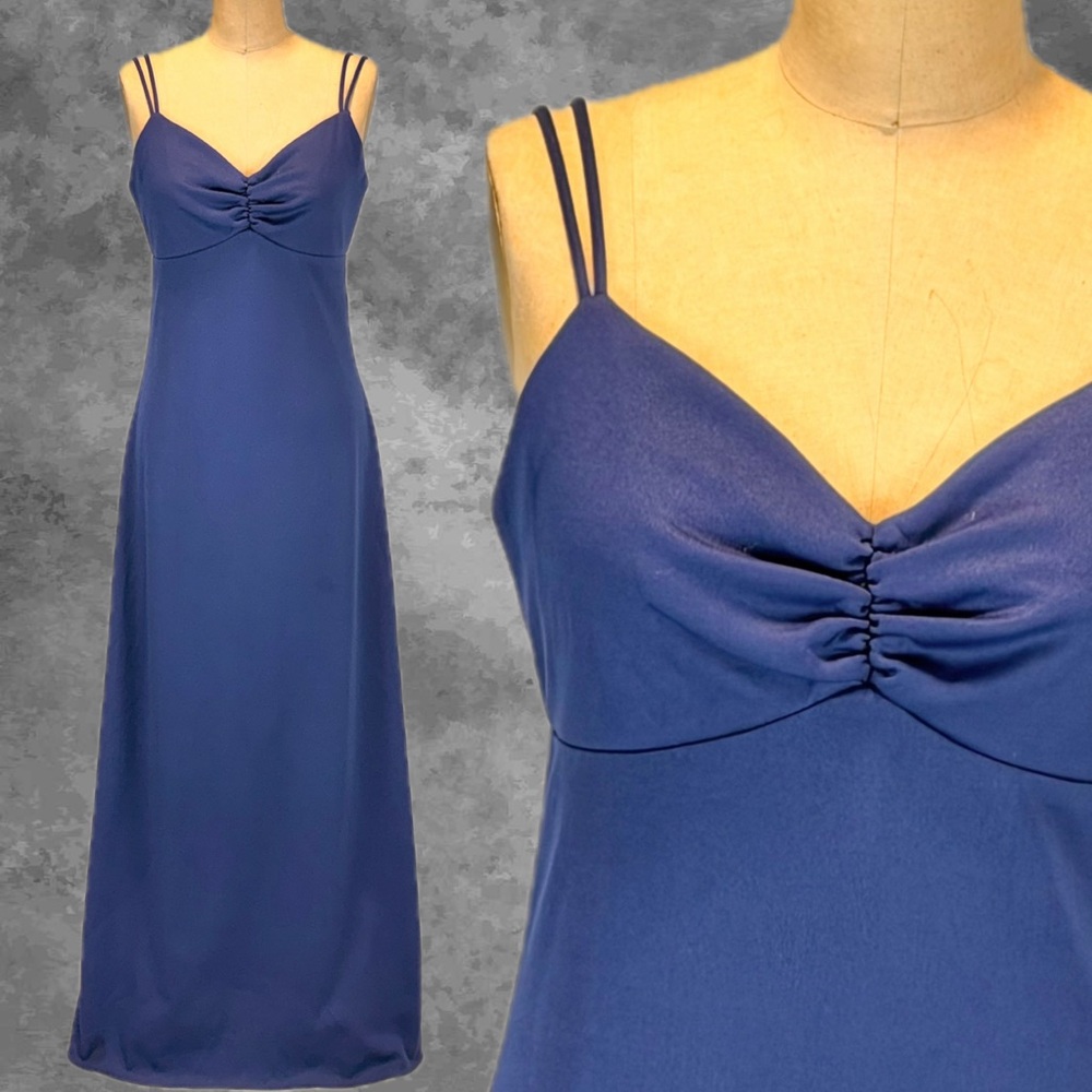 VINTAGE 70s slinky‎ formal dress prom gown cocktail evening navy blue column